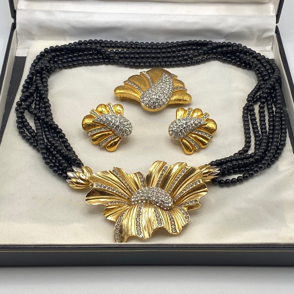 Butler FAC Jewelry Set Black Beads Rhinestones Vintage Statement With Box